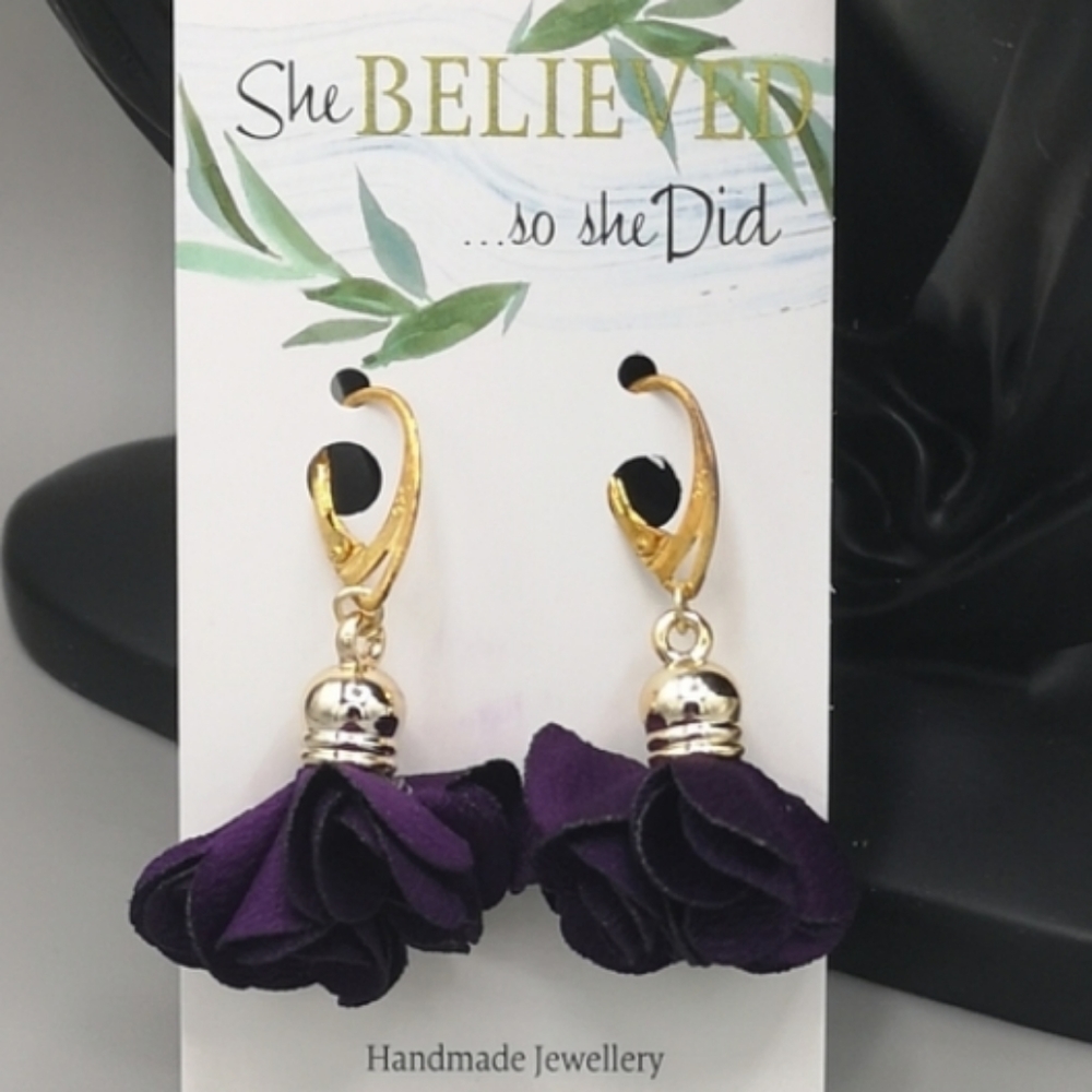Dark Purple Satin Flower Fluff Earrings